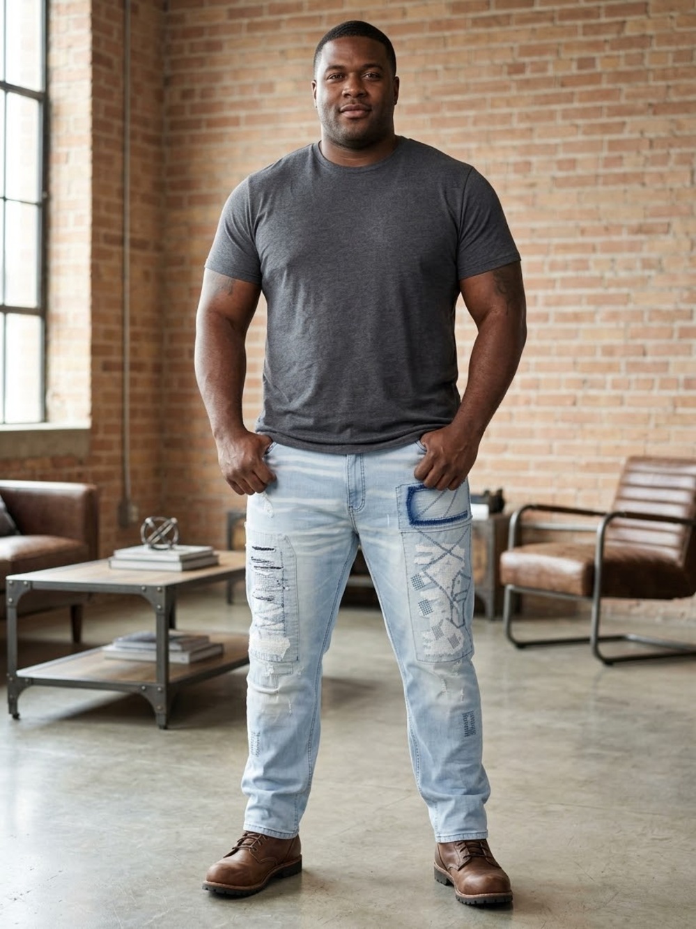 (Q3) M SOCIETY Light Blue Distressed Men’s Jeans with Patchwork,Sz 46/32